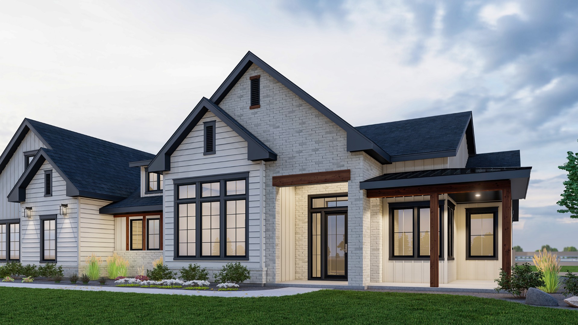 Modern farmhouse exterior rendering with stone and siding details